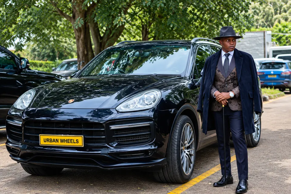 Man in a hat and long coat standing beside a black Porsche Cayenne with an Urban Wheels number plate